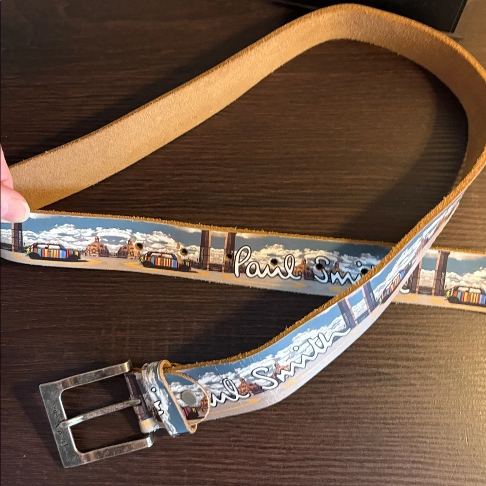 Paul Smith car print leather Belt. Landscape 44” total length.